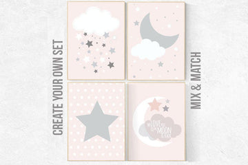 Pink gray nursery art, nursery decor, pale pink, pink gray, pink grey, moon nursery, moon and back, pink nursery wall art, girls room decor