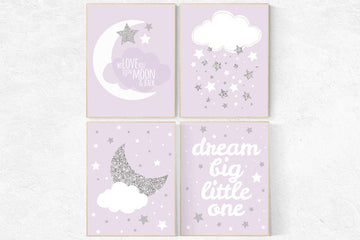 Nursery decor girl purple silver, lavender nursery art, lilac nursery, girls room decor purple, lavender and gray, dream big little star