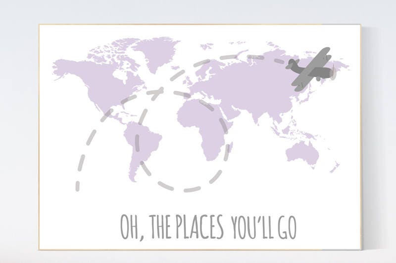 Nursery decor map, Lilac nursery decor, Oh the places you&