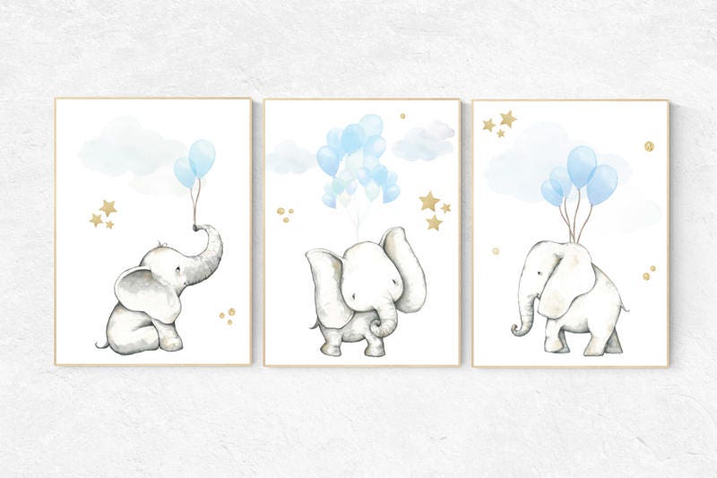 Blue gold nursery decor, nursery decor elephant, nursery decor blue and gold, animal prints, nursery decor boy elephant, baby room gold blue