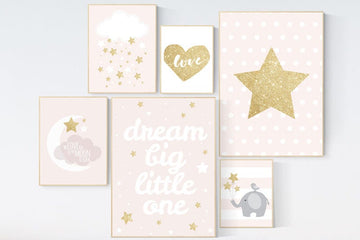 Pink gold nursery art, dream big little one, nursery decor, elephant nursery, pink and gold, moon nursery, nursery decor girl pink, gold