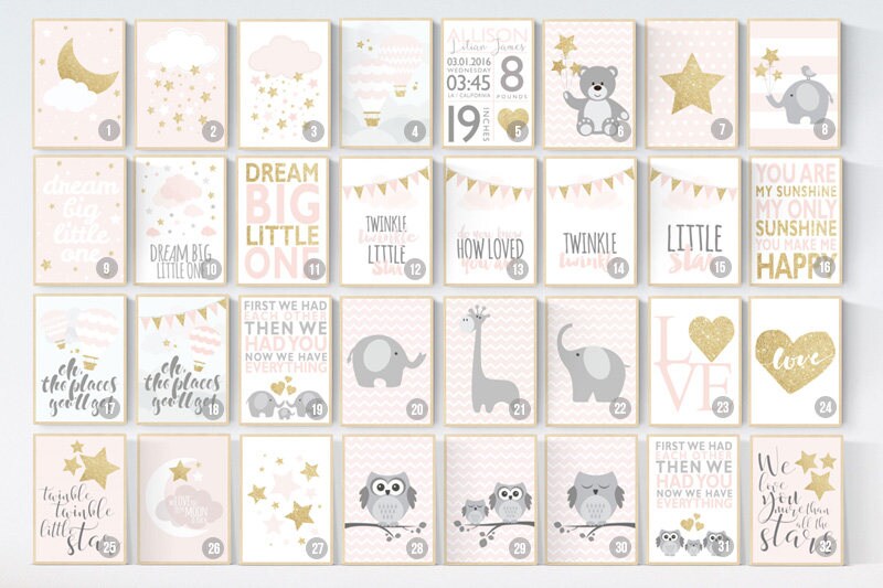 pink gold nursery decor, elephant nursery, pink and gold nursery, moon and back, Nursery decor girl gold, cloud nursery, girls room decor