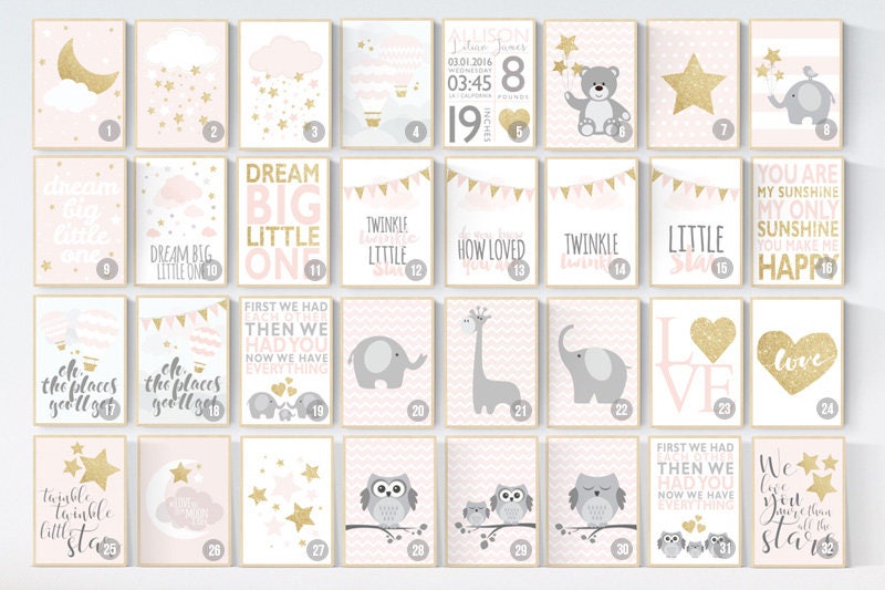 pink gold nursery decor, elephant nursery, pink and gold nursery, moon and back, Nursery decor girl gold, cloud nursery, girls room decor