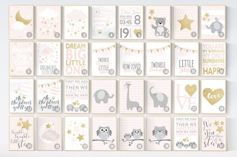 Nursery decor girl gold, elephant, stars, cloud, pink gold nursery decor, dream big little one, twinkle twinkle, pink and gold nursery,