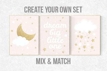 Nursery decor girl gold, pink gold nursery decor, dream big little one, pink and gold nursery, stars, cloud nursery, girls room decor