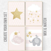 pink gold nursery decor, elephant nursery, pink and gold nursery, moon and back, Nursery decor girl gold, cloud nursery, girls room decor
