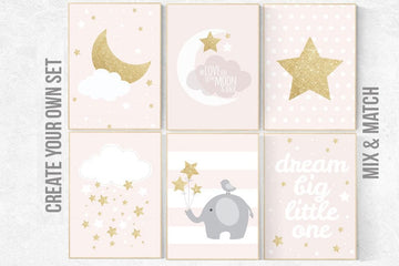 pink gold nursery decor, elephant nursery, pink and gold nursery, moon and back, Nursery decor girl gold, cloud nursery, girls room decor