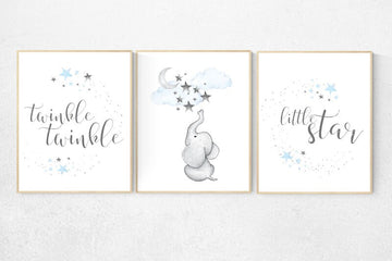 Nursery decor Elephant nursery, twinkle twinkle little star, cloud nursery decor, nursery decor boy, elephant, moon and stars, blue and gray