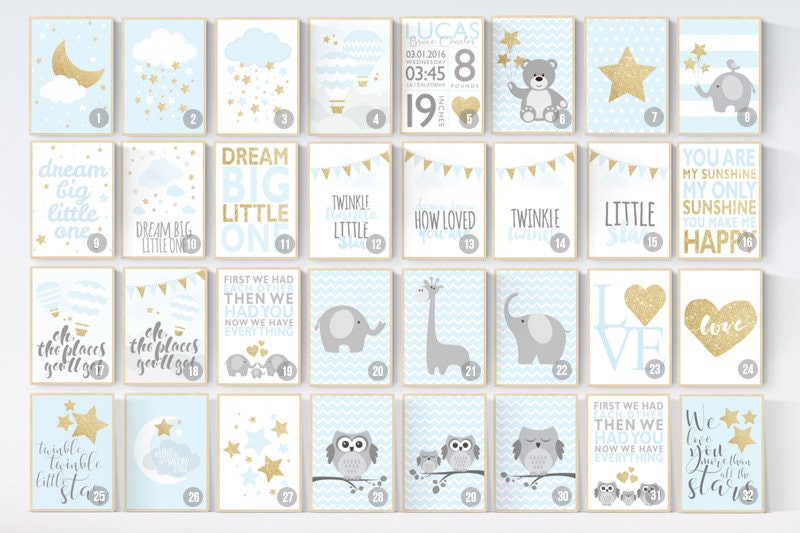 Nursery decor boy, blue nursery decor, dream big little one, blue and gold nursery, stars, cloud nursery, boys room nursery, gold nursery