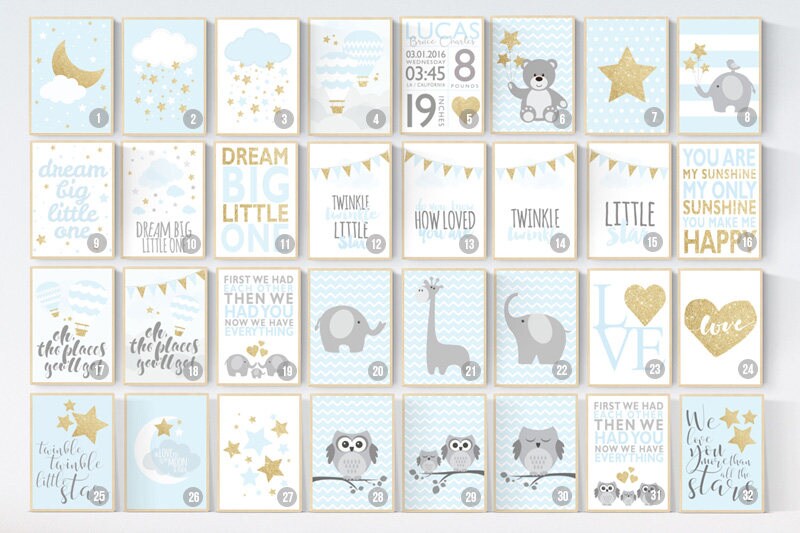 Nursery decor boy, blue nursery decor, dream big little one, blue and gold nursery, stars, cloud nursery, boys room nursery, gold nursery