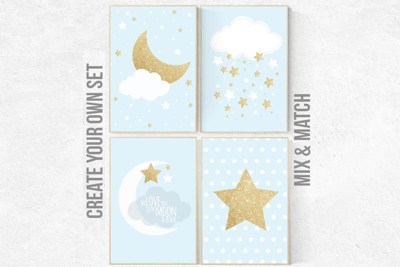 Nursery decor boy, blue nursery decor, dream big little one, blue and gold nursery, stars, cloud nursery, boys room nursery, gold nursery