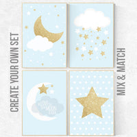 Nursery decor boy, blue nursery decor, dream big little one, blue and gold nursery, stars, cloud nursery, boys room nursery, gold nursery