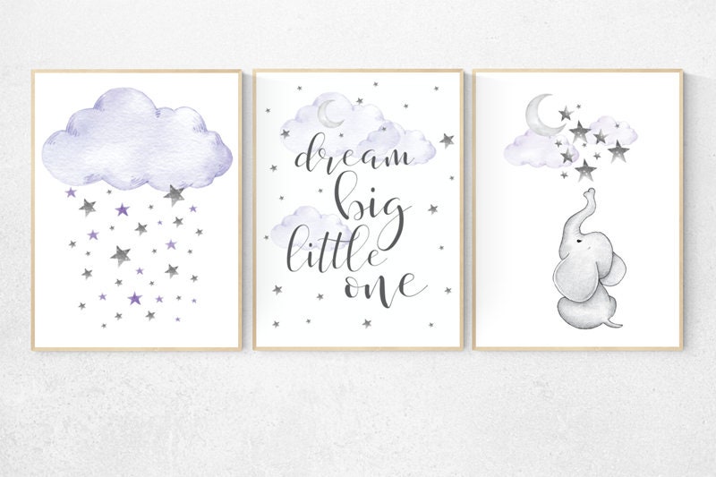 Nursery decor girl purple, elephant nursery, lavender and gray, elephant nursery, lilac nursery, dream big little one, purple nursery