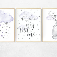 Nursery decor girl purple, elephant nursery, lavender and gray, elephant nursery, lilac nursery, dream big little one, purple nursery