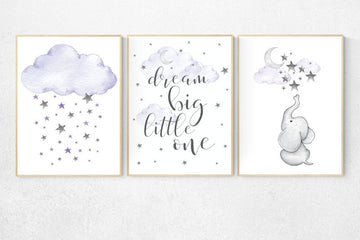 Nursery decor girl purple, elephant nursery, lavender and gray, elephant nursery, lilac nursery, dream big little one, purple nursery