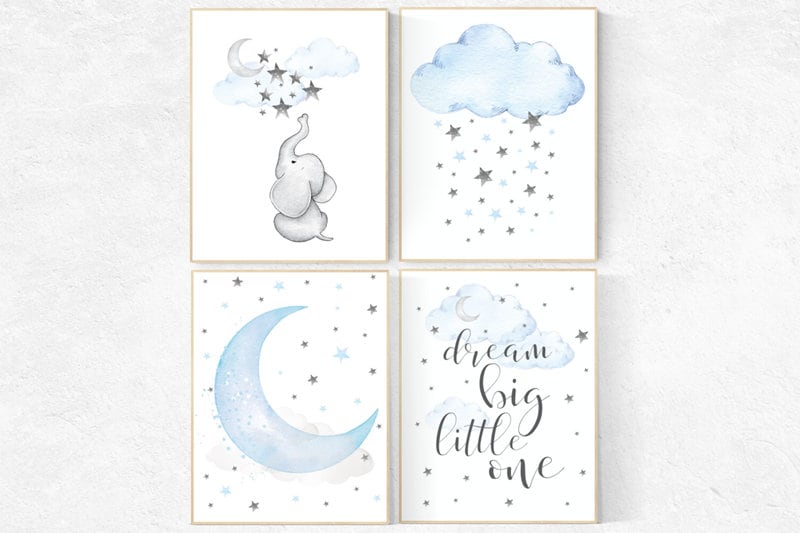 Blue Gray Nursery Art, nursery decor elephant, nursery decor boy cloud, dream big little one, blue and gray elephant nursery