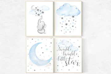 Blue Gray Nursery Art, nursery decor elephant, nursery decor boy cloud, twinkle twinkle little one, blue and gray elephant nursery boys room