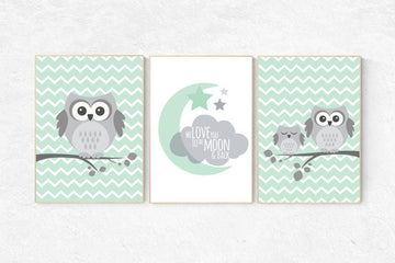 Owl Nursery Wall Art, gender neutral nursery decor, we love you to the moon, baby room decor, mint gray, owl room decor, owl nursery decor