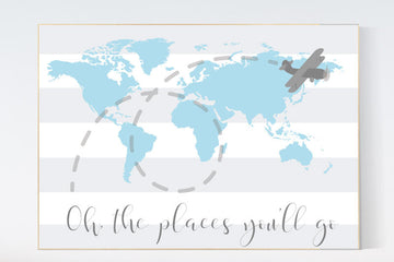 Nursery decor boys, blue gray, Oh the places you'll go, World Map wall art, world map nursery, Blue grey, world map wall art, baby boy