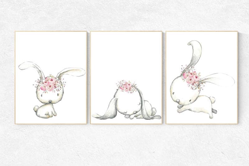 Bunny nursery decor, flower crown bunny, nursery decor girl bunny, nursery decor bunnies, nursery wall art bunny, rabbit nursery art