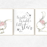 Bunny nursery decor, twinkle twinkle little star, bunny flower crown, nursery decor girl bunny, animal flower crown, nursery prints animals