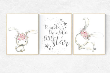 Bunny nursery decor, twinkle twinkle little star, bunny flower crown, nursery decor girl bunny, animal flower crown, nursery prints animals