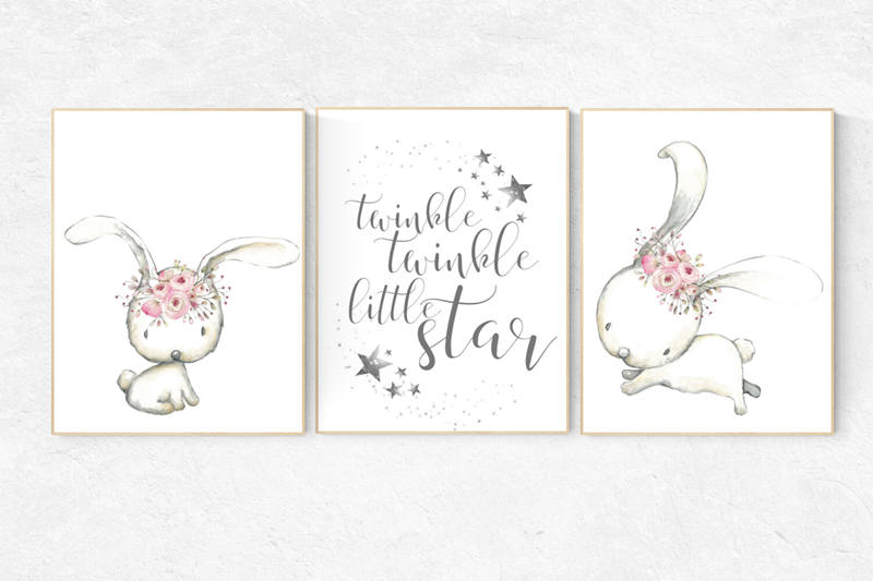 Bunny nursery decor, twinkle twinkle little star, bunny flower crown, nursery decor girl bunny, animal flower crown, nursery prints animals