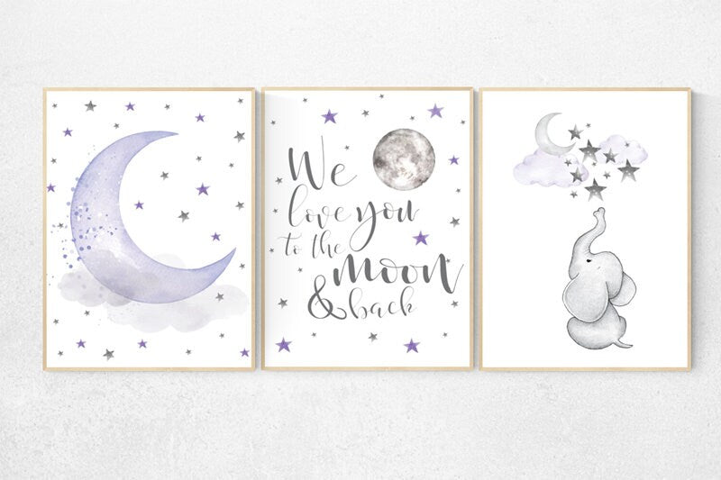 Nursery decor girl purple, Nursery wall art girl purple, elephant nursery, lilac nursery, we love you to the moon and back, lavender gray