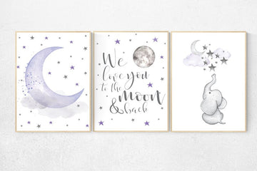 Nursery decor girl purple, Nursery wall art girl purple, elephant nursery, lilac nursery, we love you to the moon and back, lavender gray