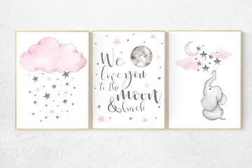 Elephant nursery, Nursery decor girl pink and gray, nursery decor girl pink, pink nursery, we love you to the moon and back, cloud nursery
