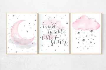 Nursery decor girl pink and gray, nursery decor girl pink, pink nursery, twinkle twinkle little star, cloud nursery, cloud and stars. moon