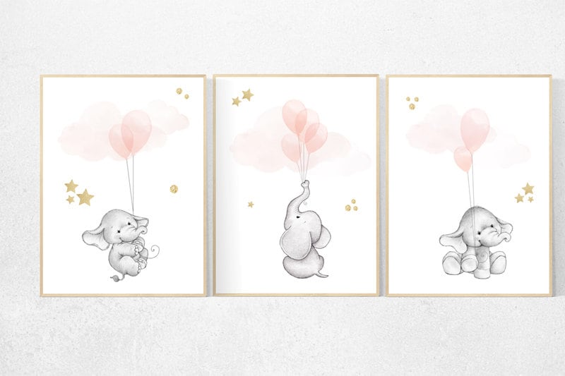 Elephant Nursery Art: Blush Pink & Gold Balloon Prints