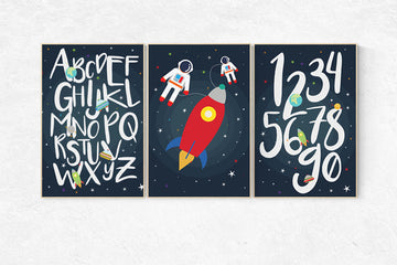 Space themed nursery, set of 3 prints, alphabet nursery, nursery decor, Moon nursery decor, alphabet letters, Outer Space decor, space print