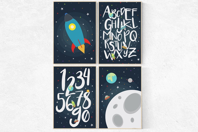 Space nursery decor, Outer Space Room Art, alphabet letters, alphabet nursery Art, Boy Nursery, toddler room, kids room decor playroom decor