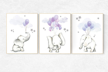 Lavender silver Nursery decor, Lilac silver nursery decor elephant, purple silver, animal prints, nursery decor girl elephant, baby room