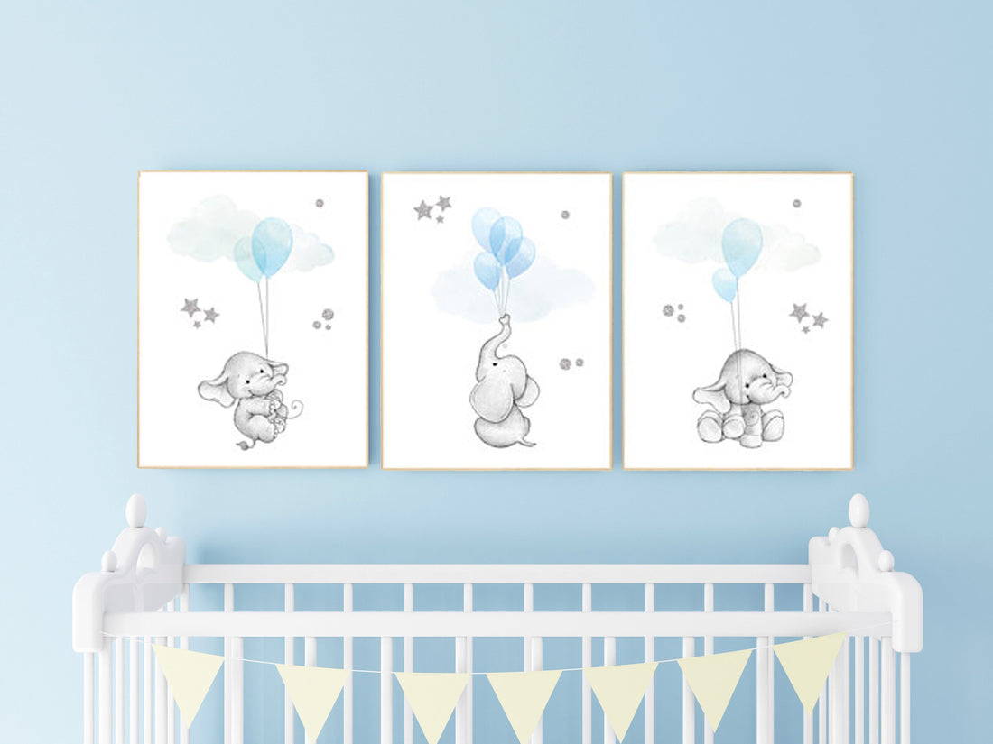 Blue and gray nursery decor, blue silver nursery decor elephant, animal prints, nursery decor boy elephant, baby room, blue silver nursery,