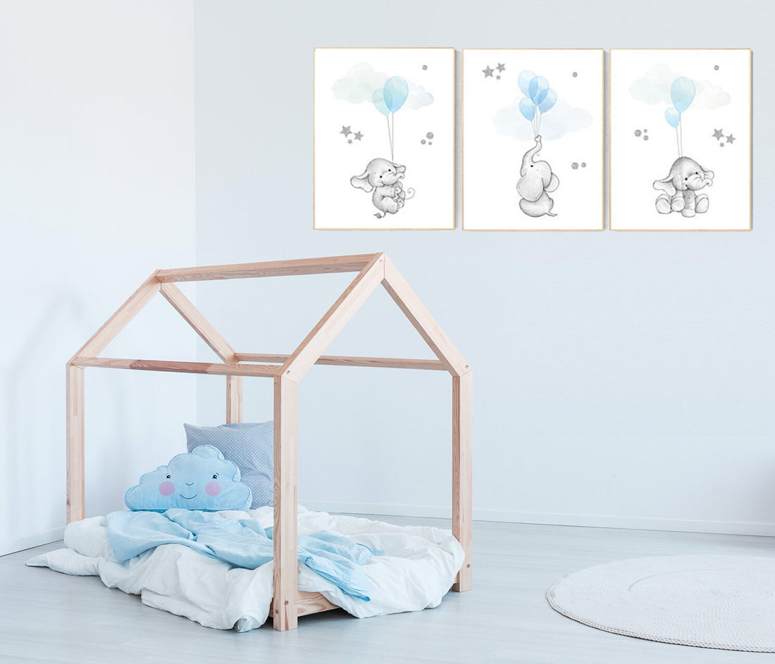 Blue and gray nursery decor, blue silver nursery decor elephant, animal prints, nursery decor boy elephant, baby room, blue silver nursery,