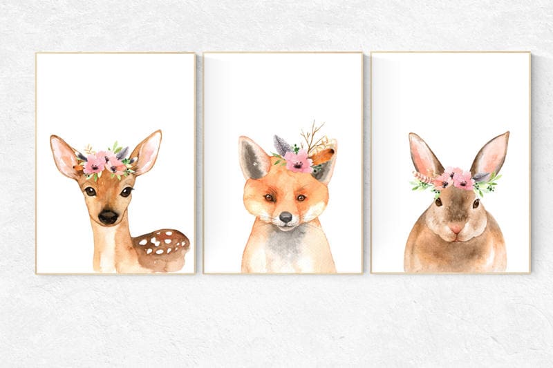 Nursery decor girls, Nursery prints woodland, animal flower crown, nursery prints animals, nursery decor girl flower, nursery decor flower