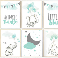 Nursery decor elephant, mint nursery decor, twinkle twinkle little star, gender neutral nursery, animal balloons, nursery decor mint green