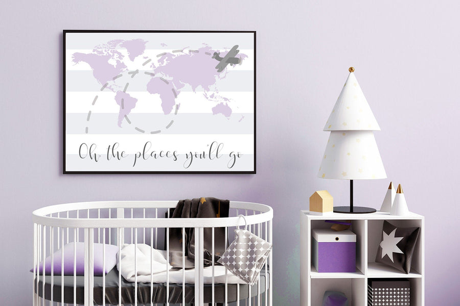 Nursery decor girl purple, nursery decor map, Lilac nursery, Oh the places you'll go, travel nursery decor, world map, lavender nursery