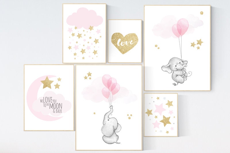 Nursery decor girl pink and gold, Nursery decor elephant, elephant balloon print, moon and back, pink gold nursery, girls room decor, pink