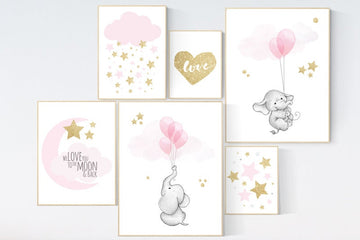 Nursery decor girl pink and gold, Nursery decor elephant, elephant balloon print, moon and back, pink gold nursery, girls room decor, pink