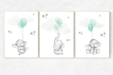 Nursery decor elephant, gender neutral nursery decor, nursery wall art animals, elephant balloon print, mint nursery decor, mint silver,