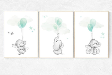 Nursery decor elephant, gender neutral nursery decor, nursery wall art animals, elephant balloon print, mint nursery decor, mint nursery
