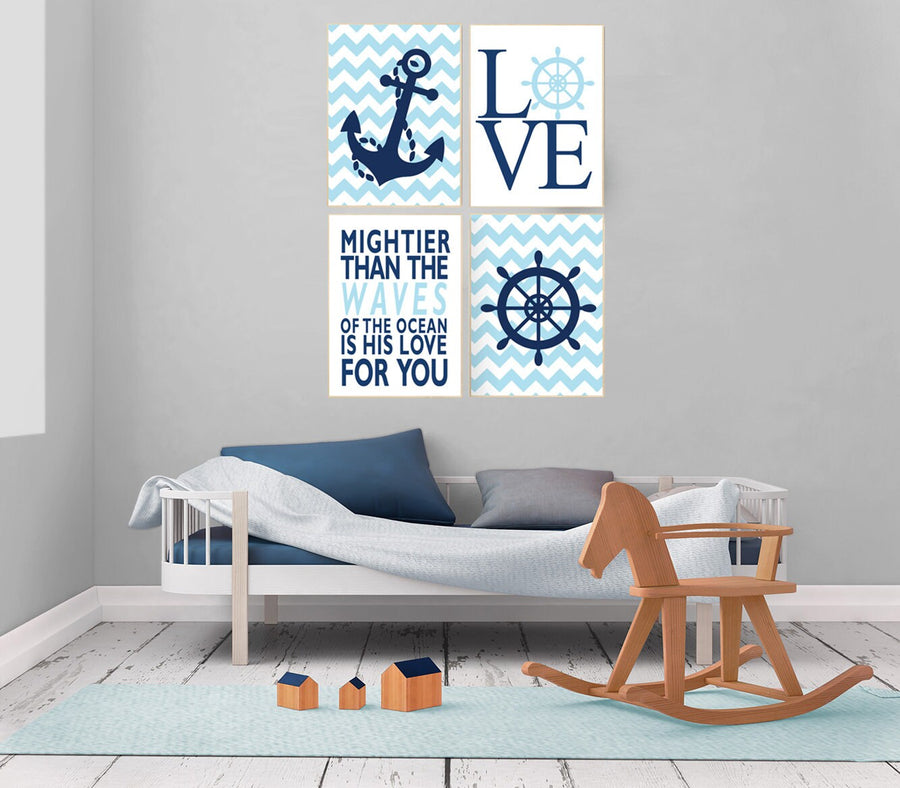 Nursery decor nautical, nursery prints boy, nursery decor boy nautical, navy blue nursery decor, mightier than the waves of the sea, navy