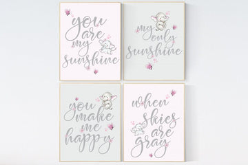 Nursery decor girl you are my sunshine, nursery decor girl pink roses, nursery decor girl floral, flower nursery decor, elephant nursery