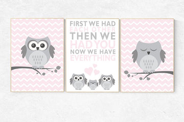 Nursery decor girl, owl nursery, Owl nursery wall art, pink nursery decor, pink gray, owl room decor, owl nursery decor girls, owl prints