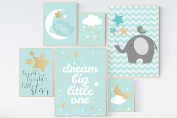 Mint gold nursery, dream big little one, we love you to the moon and back, elephant nursery, Mint gold nursery decor, mint and gold