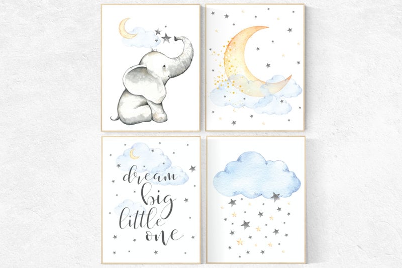 Nursery decor elephant, gender neutral, dream big little one, moon and cloud nursery decor, Nursery decor neutral, yellow blue, twin nursery