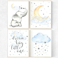 Nursery decor elephant, gender neutral, dream big little one, moon and cloud nursery decor, Nursery decor neutral, yellow blue, twin nursery